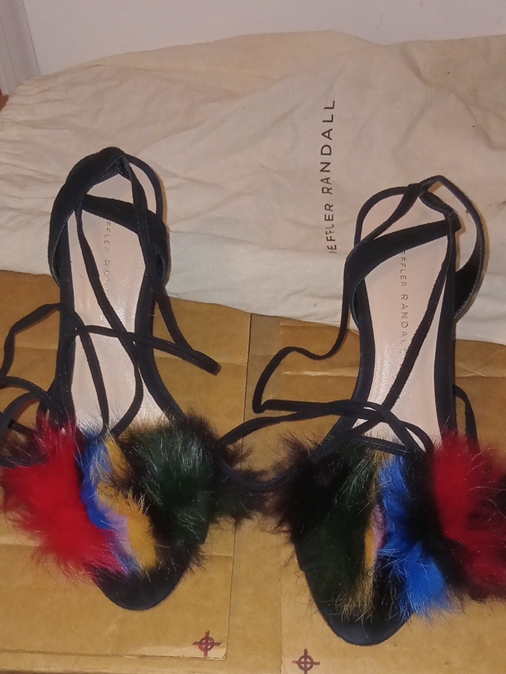 Loeffler Randall Black Strappy Heels with Multicolor Fur
